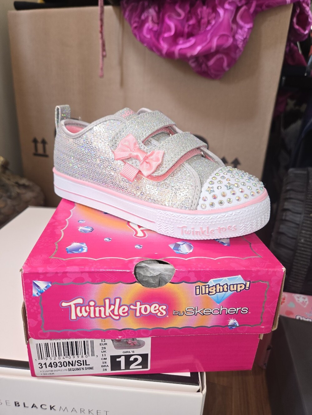 Skechers Twinkle Toes Silver and Pink Light-Up Kids Sneakers